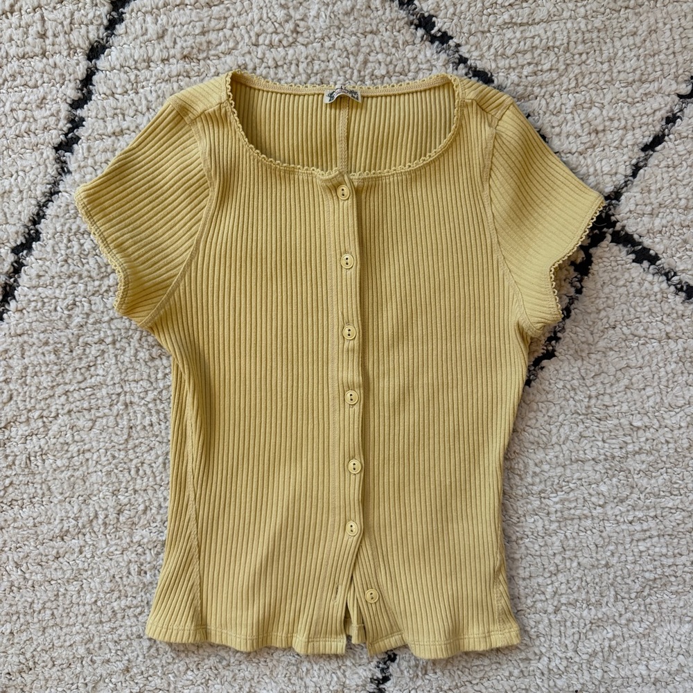 Free People Yellow Ribbed Button-Up Short Sleeve Top